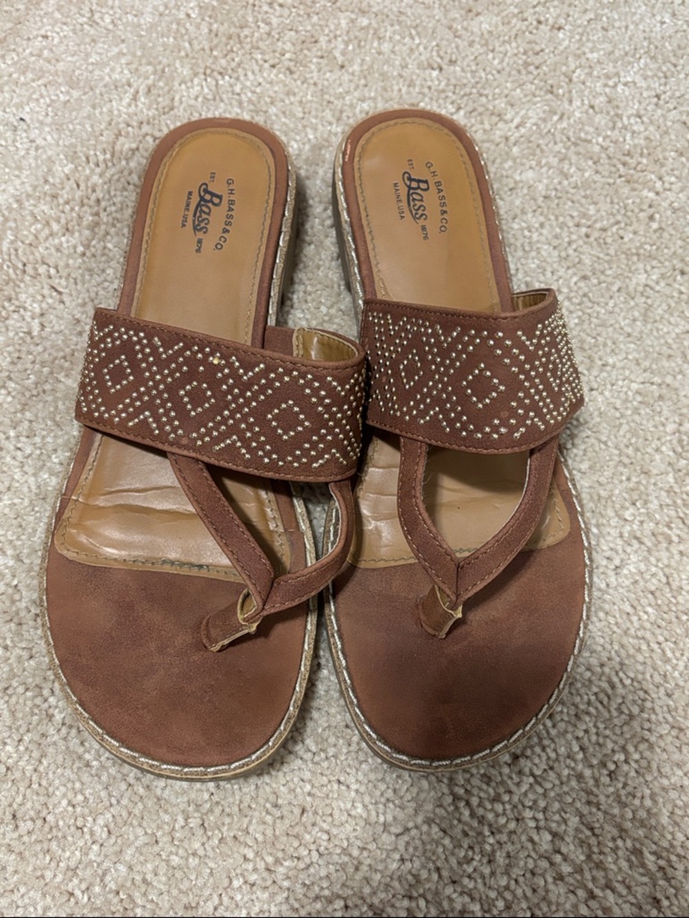 Bass Brown Studded Strap Toe-Post Sandals